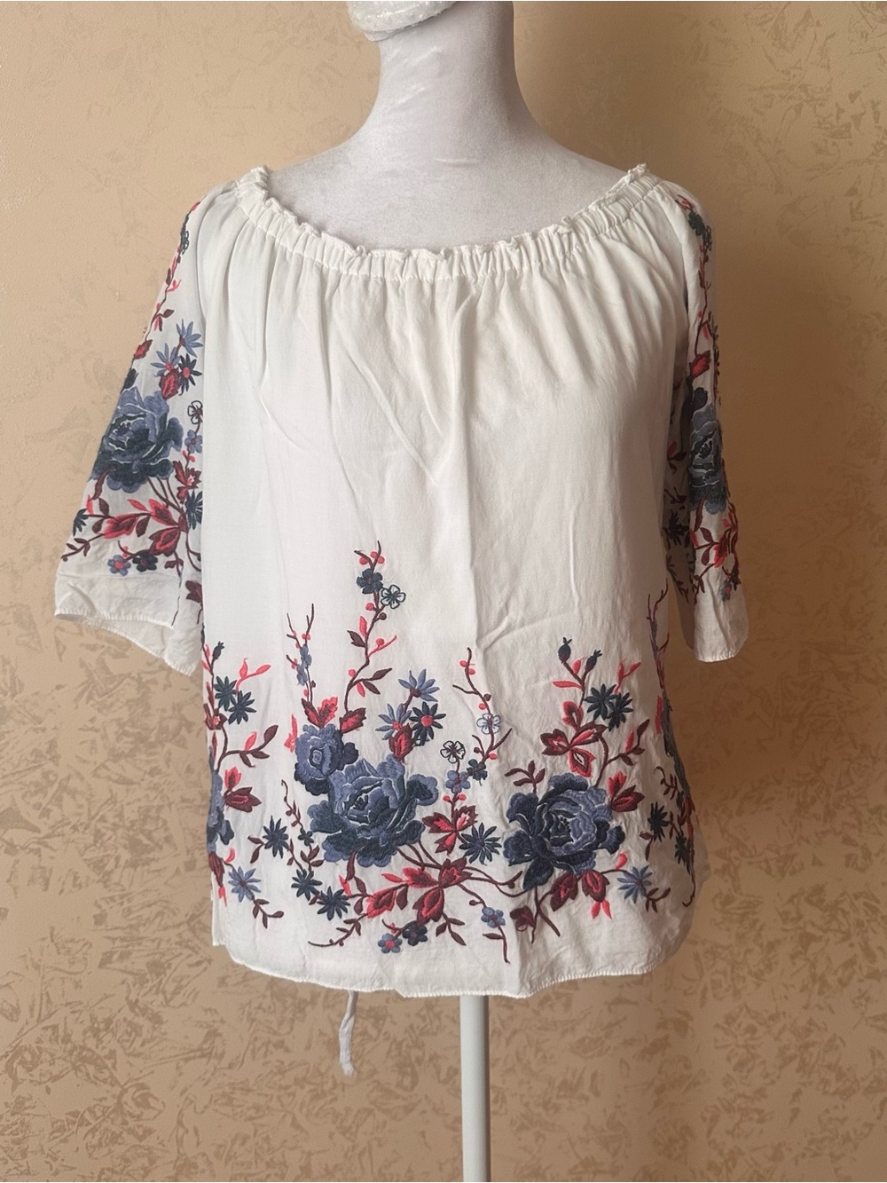 DREW White Off-Shoulder Blouse with Blue and Red Floral Embroidery